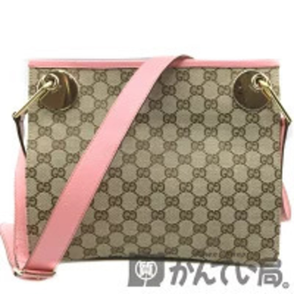 GUCCI GG Canvas Shoulder Bag Beige Pink Crossbody Leather